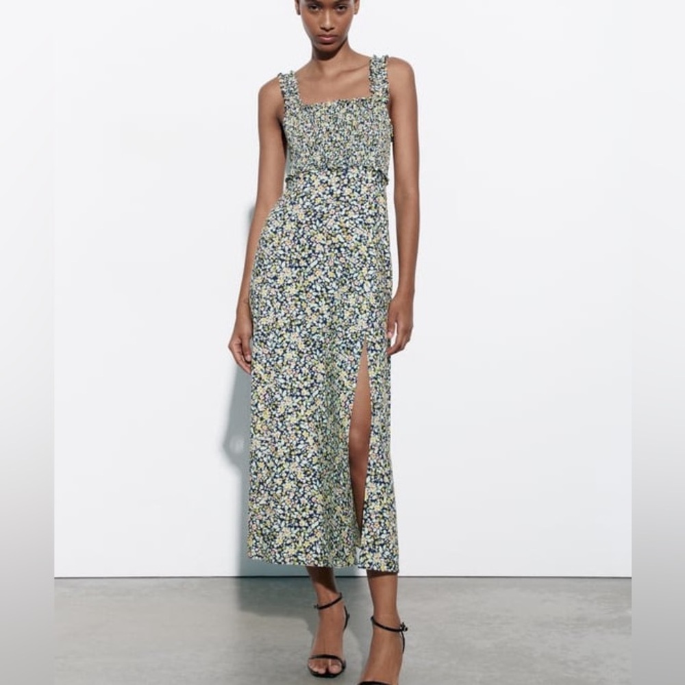 ZARA LINEN BLEND FLORAL PRINT MIDI DRESS